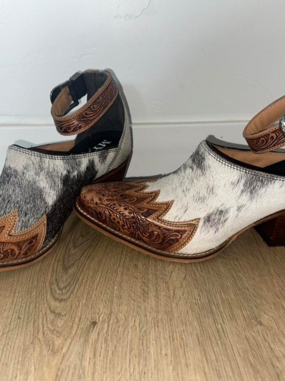 Myra Bag Zora Cowhide Western Ankle Booties with Tooled Leather Accents 11